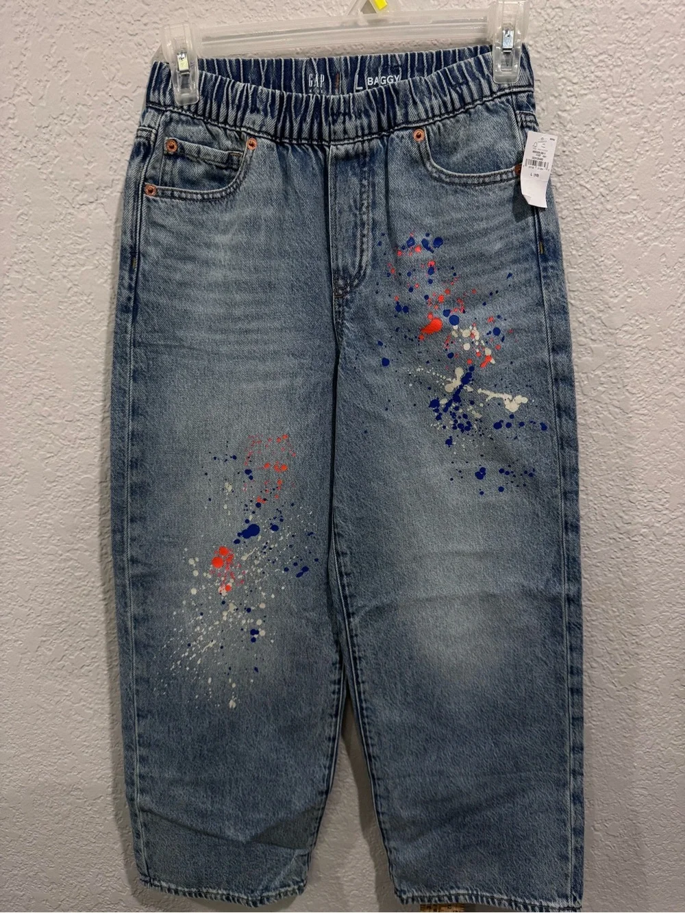 GAP Boys Wide-Leg Paint-Splash Jeans - Blue with Orange & White Accents